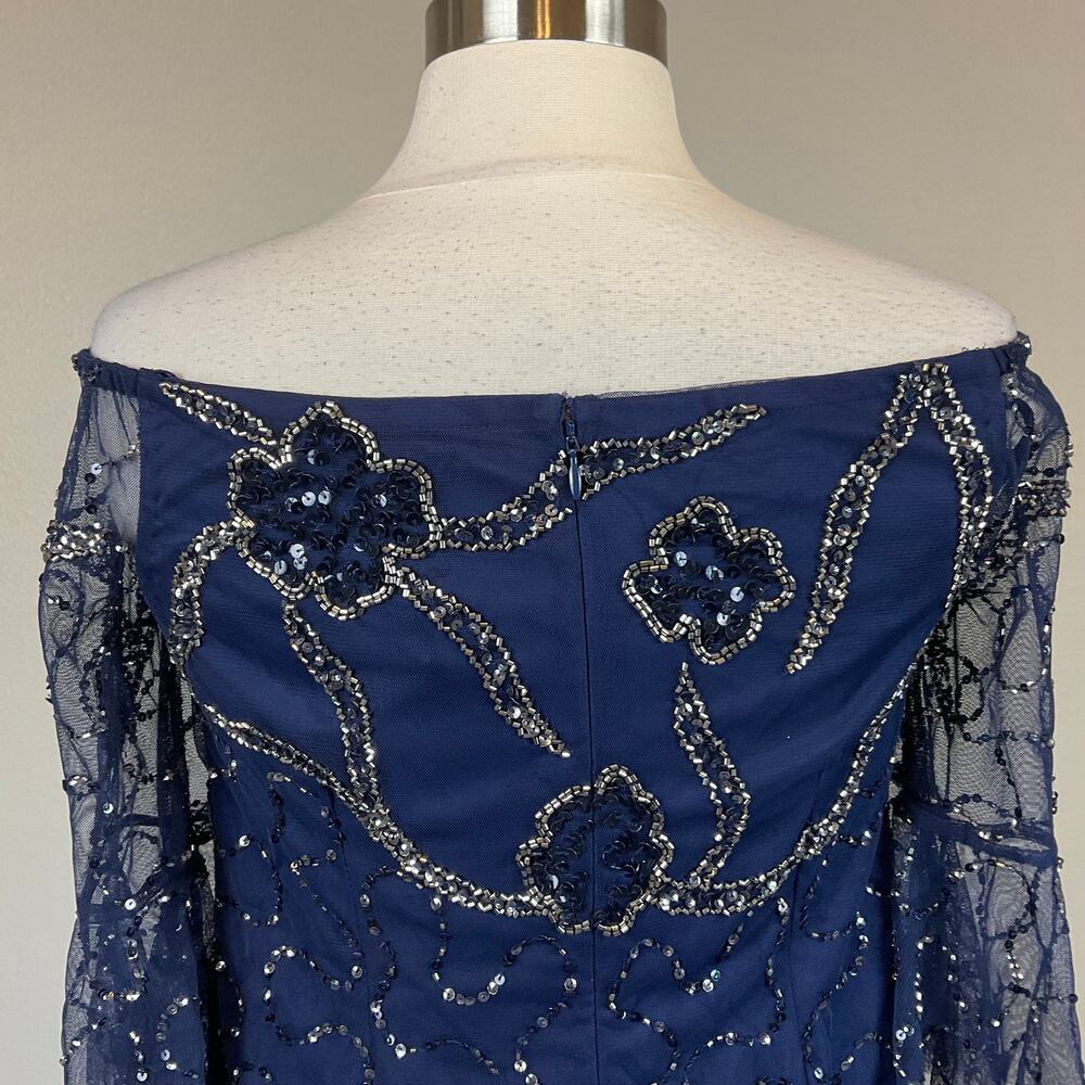 Adrianna Papell Blue Blouse Beaded Off the Shoulder Chiffon Long Sleeve Size 8 - Picture 7 of 10